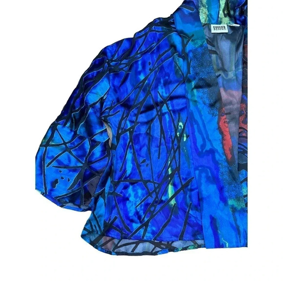 Chico's Design Silk Blend Blue Abstract Print Open Front Cardigan Jacket Size 2 - Picture 3 of 4